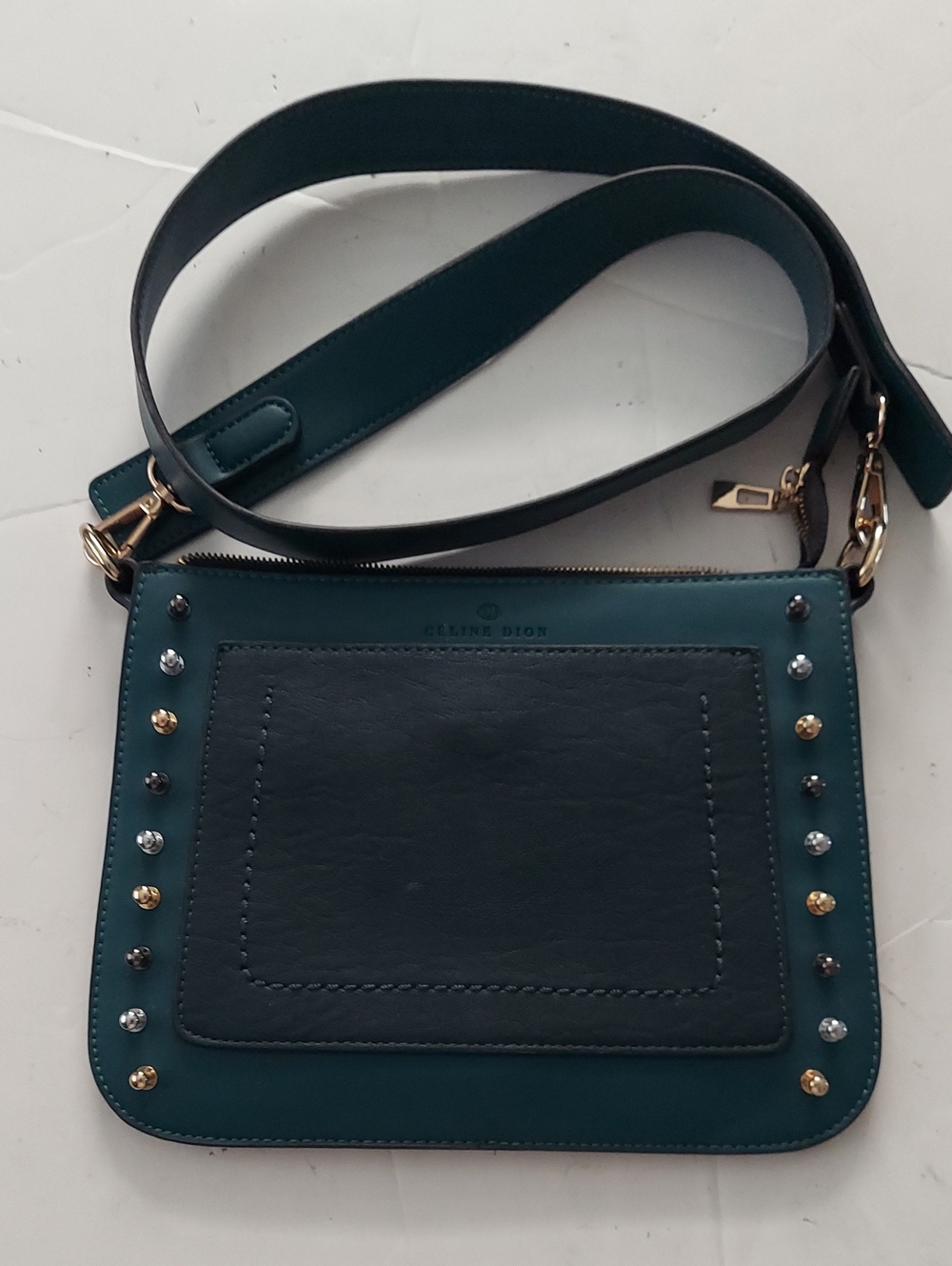 Celine Dion Teal and Black Leather Studded Crossbody Bag